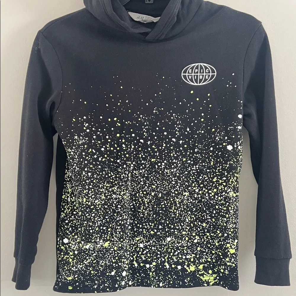 H&M Black Hoodie with White‎ and Yellow Pattern